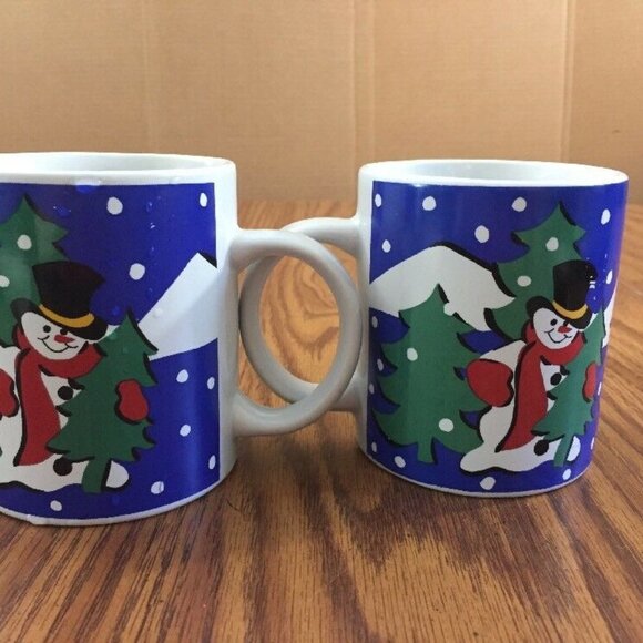 Christmas Mugs Snowman Tree Ceramic Everyday Gibson Set Of 2 Blue Green 8 oz Cup - Picture 5 of 12